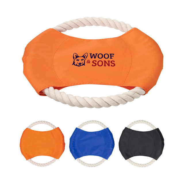 An orange dog toy with a rope handle, featuring a logo. Available in orange, blue, and black variations.