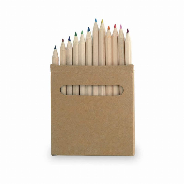 A cardboard box containing a 12-piece wooden pencil set in various colours, with a logo displayed on the front.
