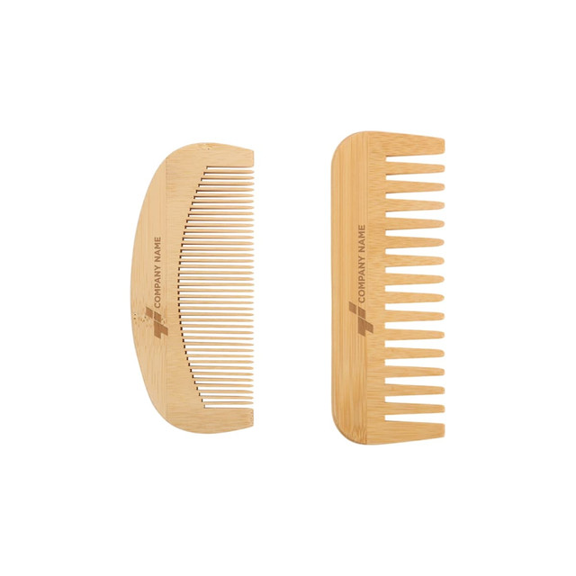 A bamboo small comb set featuring two combs in natural wood tones, each with a logo.