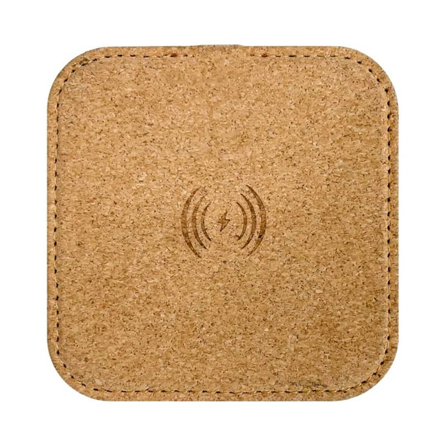 A square, natural cork wireless charger with a simple branding logo at the centre.