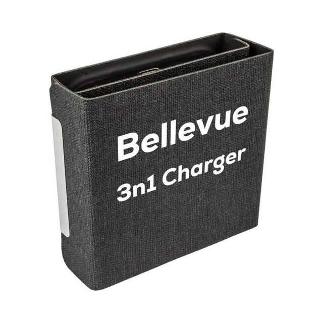 A black textured box with a magnetic 15W wireless charger inside, featuring a logo.