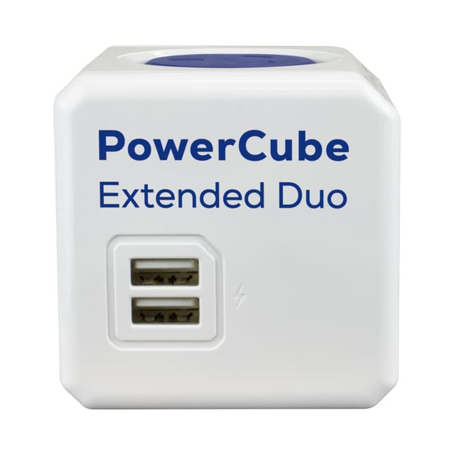 A white power cube with two USB ports, featuring a blue top and a logo.