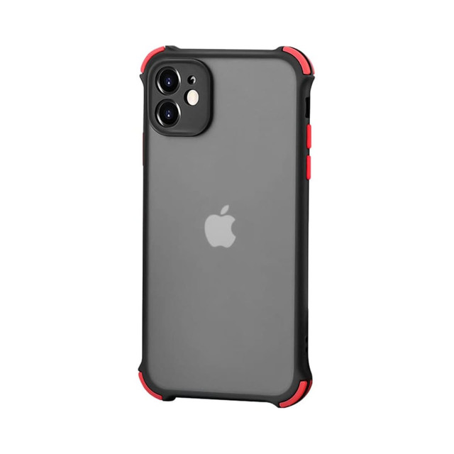 A rugged iPhone case in black with red accents, featuring a transparent back and reinforced corners.