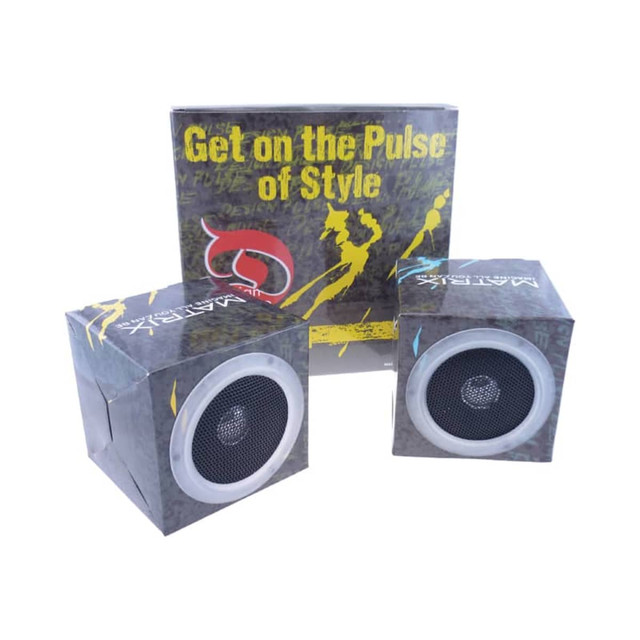 Cubic foldable speakers in black with silver accents, presented with a box featuring vibrant graphics and branding.