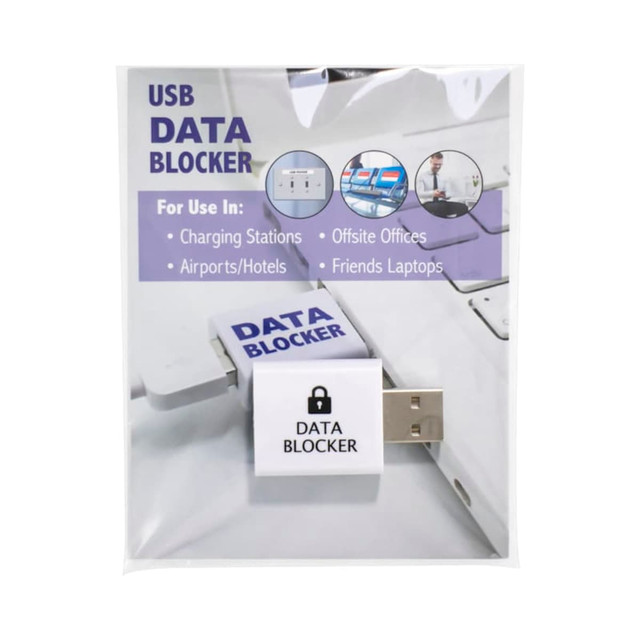A USB data blocker in white packaging, featuring a logo, designed for tech use in various locations.