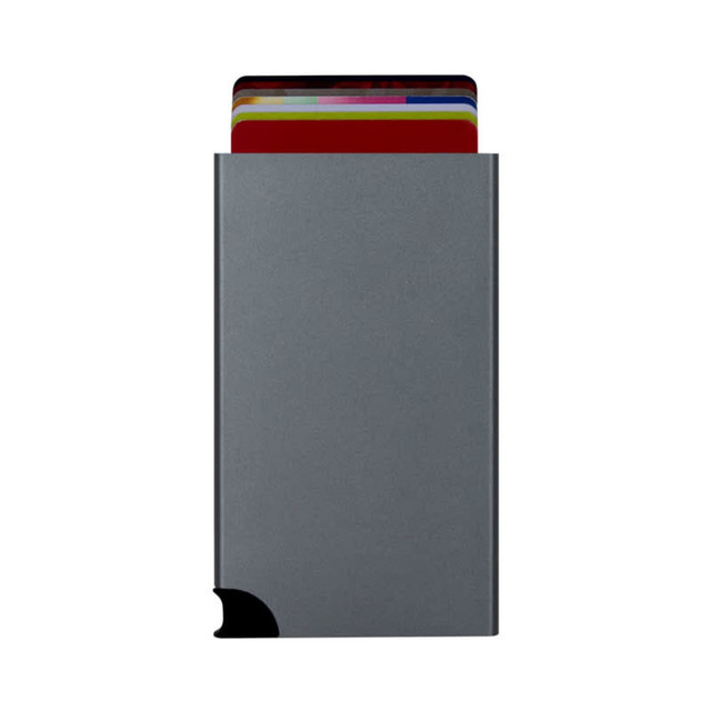 A slim, grey RFID case with colourful cards visible at the top and a rounded corner design.