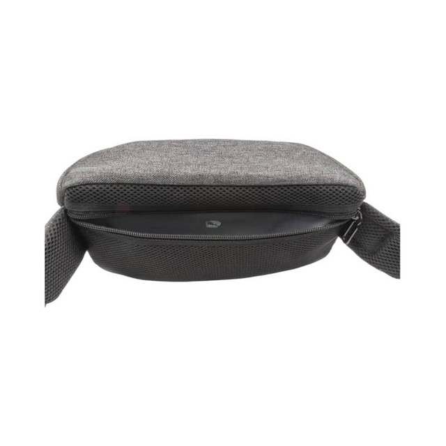 A grey anti-theft sling bag with a zippered compartment and adjustable strap, featuring a textured surface.