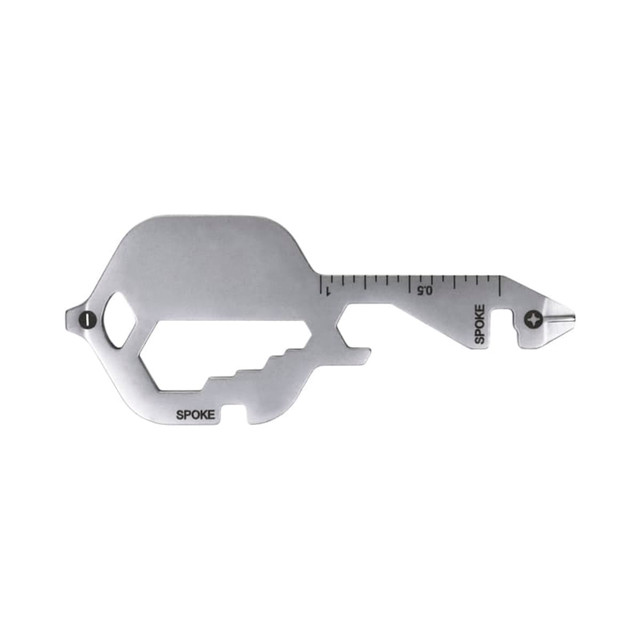 A silver multi-tool featuring a key shape, with various measurement markings and a brand logo.
