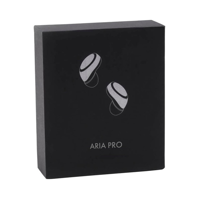 A black box containing Aria Pro ENC TWS earbuds, featuring a simple illustration of the earbuds on the front.