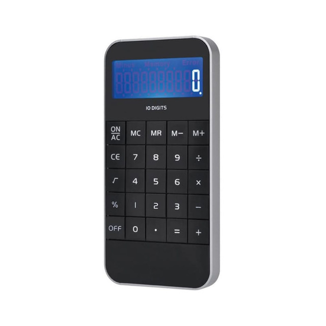 A black and silver calculator with a blue digital display, featuring 10 digits and various function buttons.