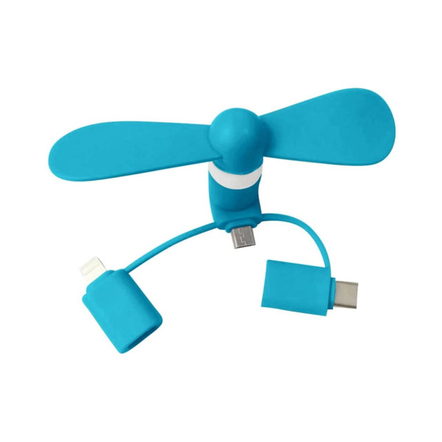A turquoise portable phone fan with dual connectors for charging and a compact design. It has a simple propeller style.