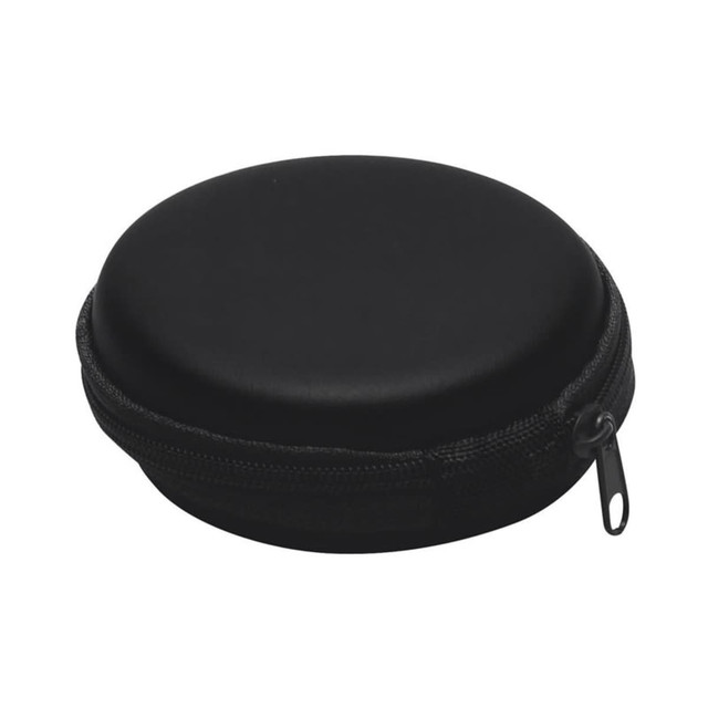 A round, black zippered case with a smooth surface, ideal for storing small items. Features a zip closure.