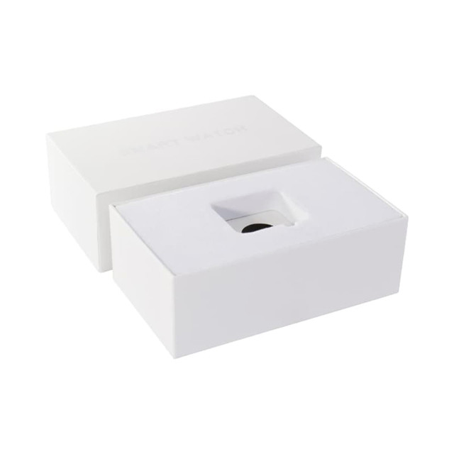 A white gift box with a foam insert, designed for packaging a smart watch. It has a logo on the surface.