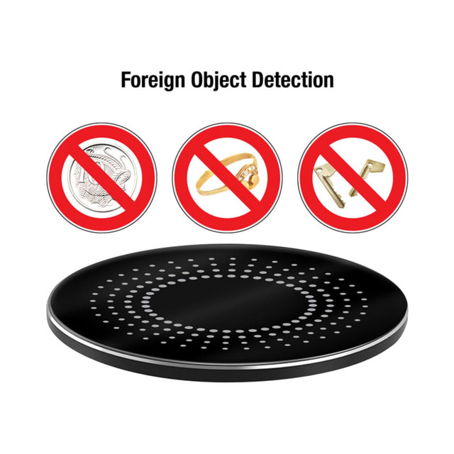 A black wireless charger with a dotted surface, featuring icons indicating foreign object detection.