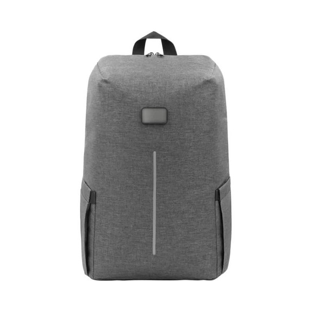 A grey backpack with a streamlined design and a logo, featuring two side pockets and a top handle.