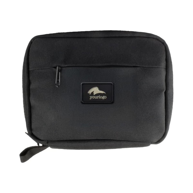 A black eco accessory pouch with a zippered pocket and a logo. The pouch has a rectangular shape and sturdy design.