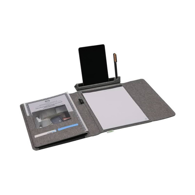 A grey business folio with a notepad, a stand for a phone or tablet, and a pen holder.