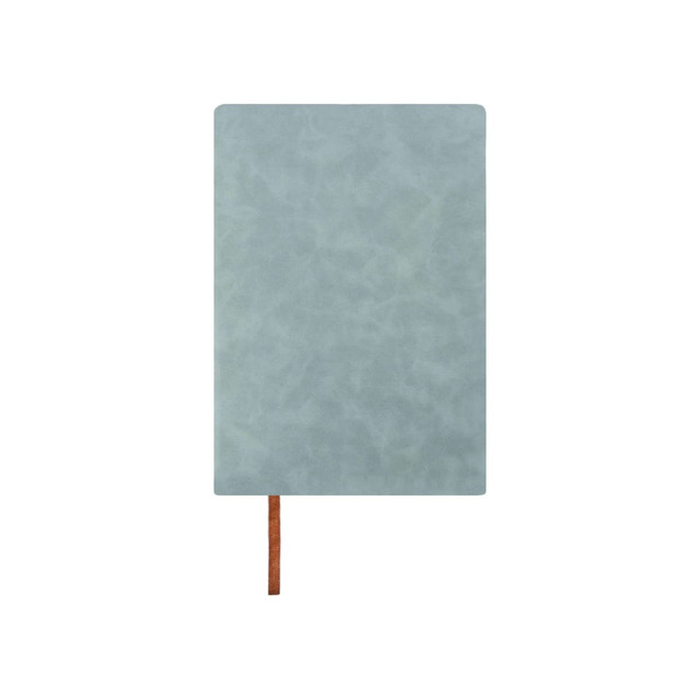 A light blue PU leather notebook with a brown ribbon marker and a textured cover, featuring a logo.