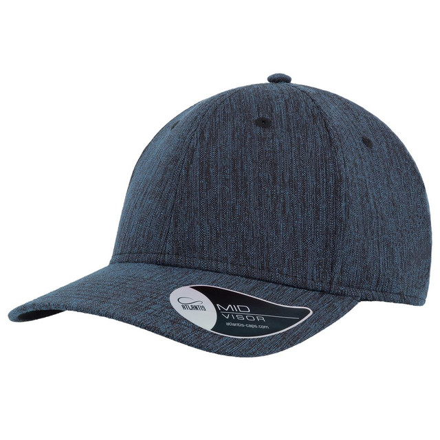 A cap in a textured dark blue fabric with a curved brim and a logo on the side.
