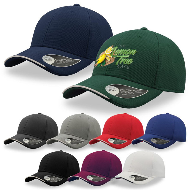A selection of caps in navy, green, black, grey, red, and white, featuring a logo on the front of some.