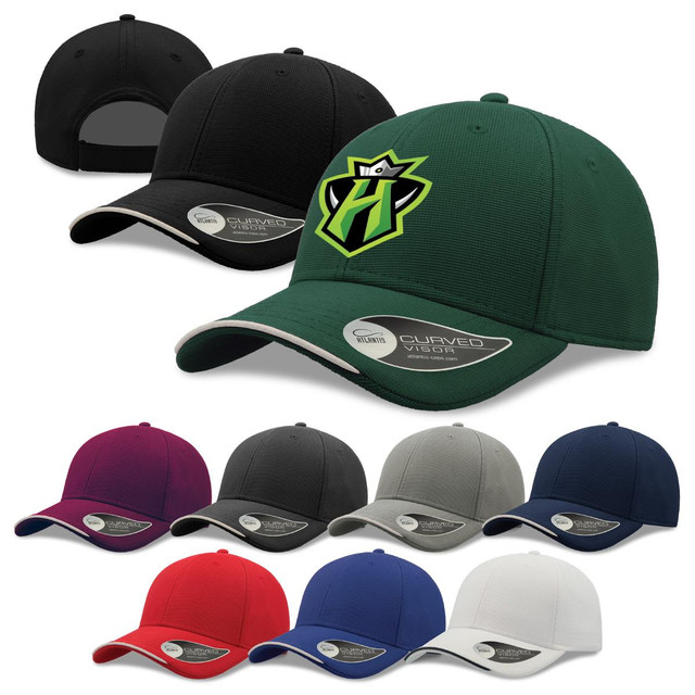 A collection of caps in black, green, burgundy, grey, and white, featuring a logo on one cap.