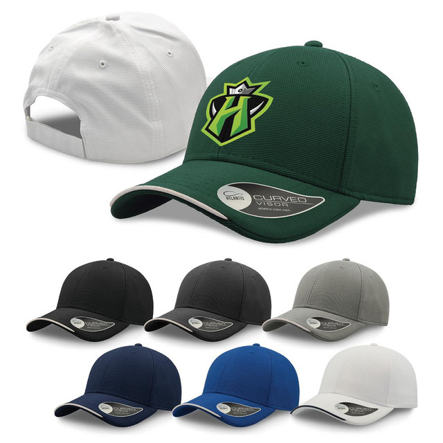 A collection of caps in green, black, grey, blue, and white, featuring a logo on the front.