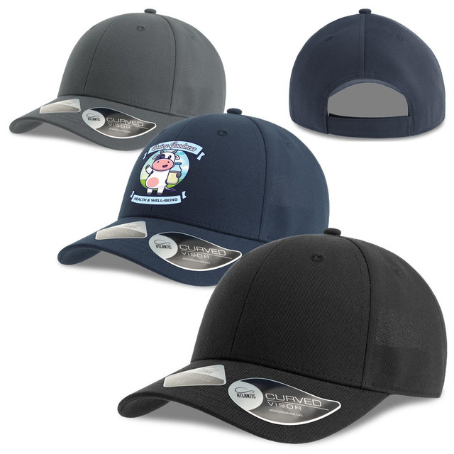 A collection of caps in black, grey, and navy, featuring a varied design and a logo on the front.