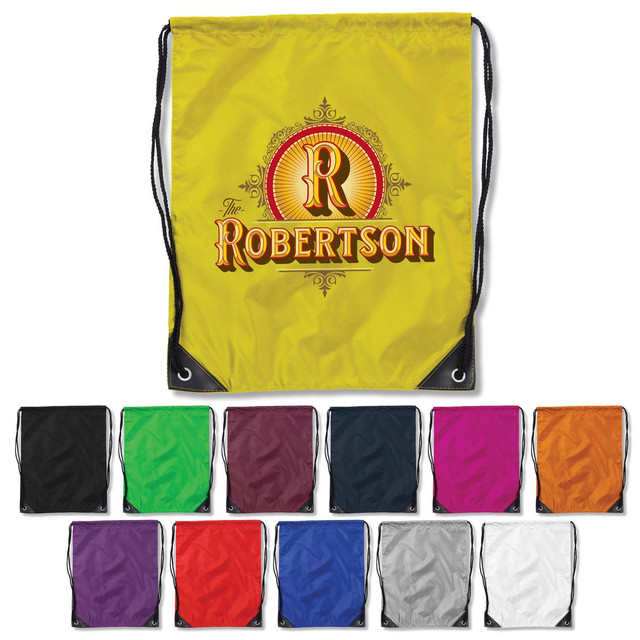 A drawstring bag in bright yellow with a logo, available in multiple colours including black, green, purple, and orange.