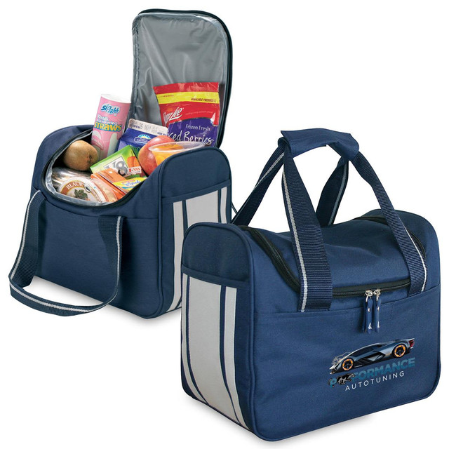 A navy blue cooler bag with a zippered opening, filled with snacks and featuring a logo.