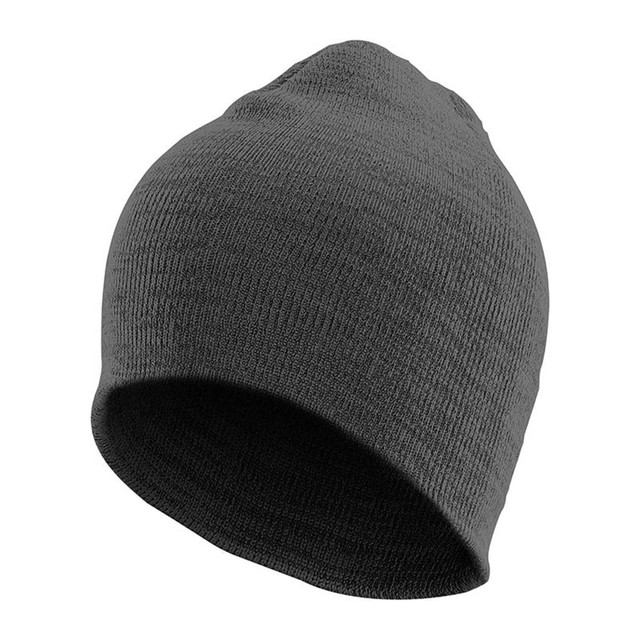 A dark grey knit beanie with a simple design and a folded brim, featuring a logo.