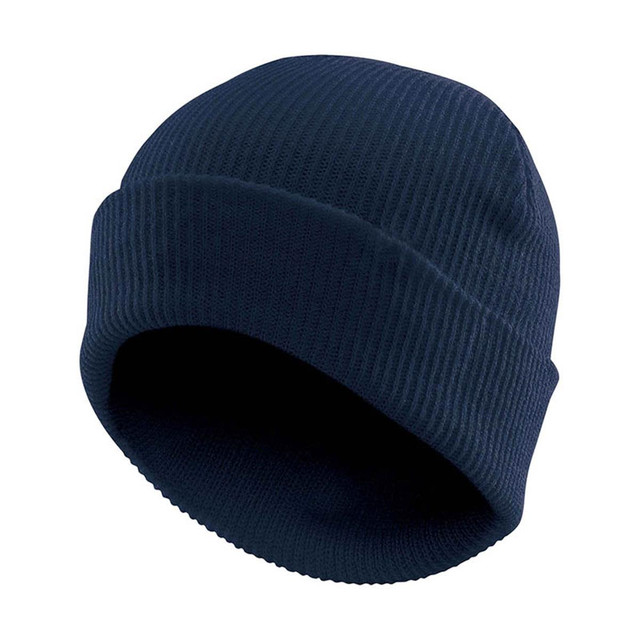 A vintage knit beanie in navy blue with a ribbed texture and a folded cuff. It features a logo.