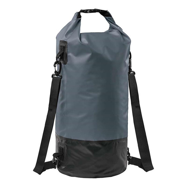 A roll-top backpack featuring a grey and black design with adjustable straps and a logo.