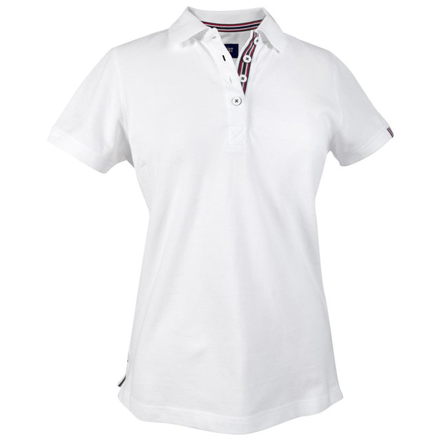 A white women's cotton polo shirt with a collar and a branded logo. Features a stylish striped inner placket.
