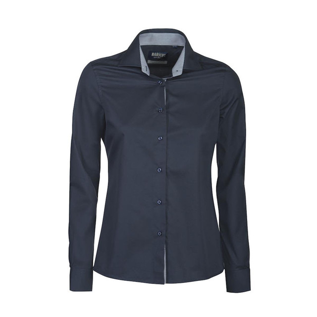 A dark navy women's button-up blouse with long sleeves and a contrasting inner collar. Features a logo on the label.