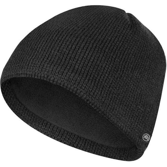 A black knitted fleece beanie with a fitted design and a small logo on the side.
