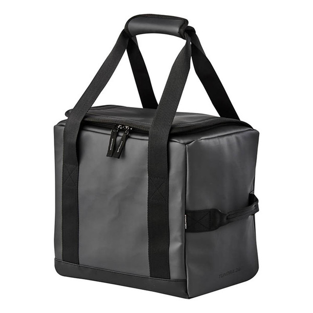 A black cooler bag with sturdy handles and a zippered top, featuring a logo. Ideal for transporting drinks.