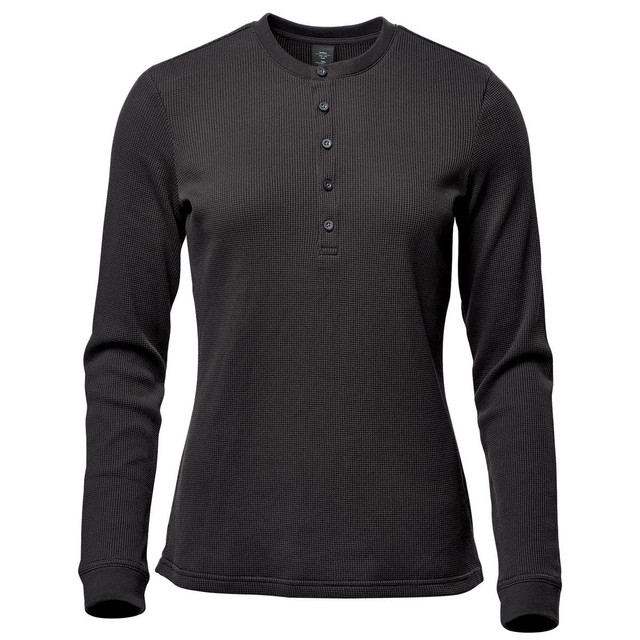A long-sleeve women's Henley shirt in black, featuring a buttoned neckline and a textured fabric.