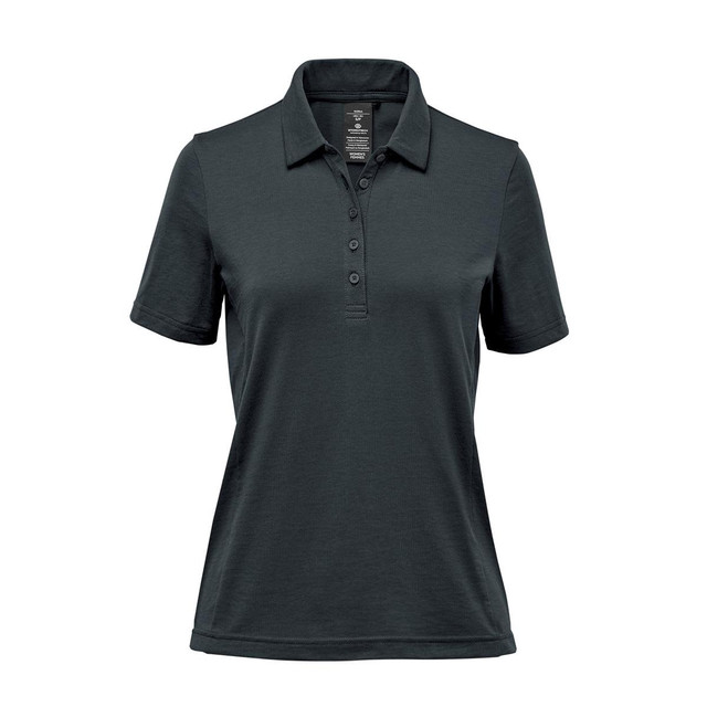 A dark green women's polo shirt with a classic collar and button front. It features a logo on the chest.