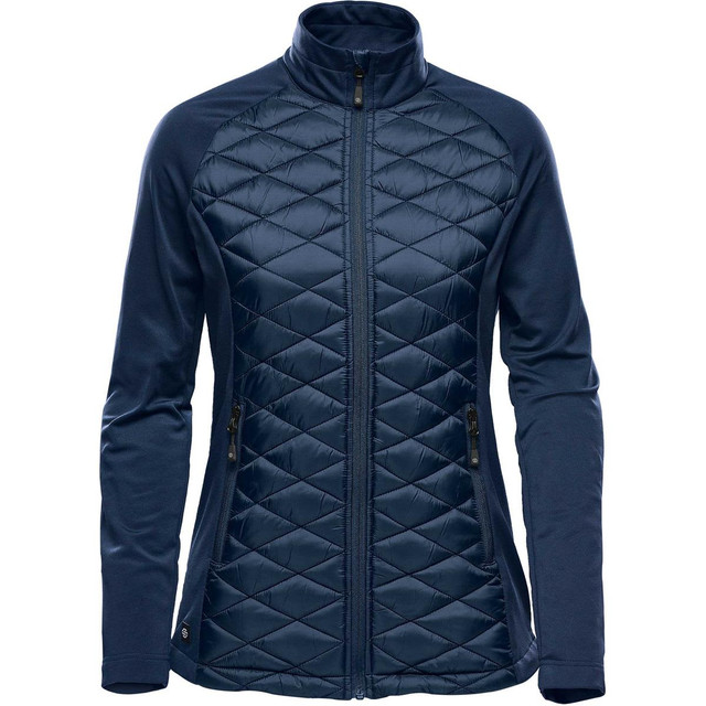 A women's thermal shell jacket in navy featuring quilted front panels and zippered side pockets. The jacket has a logo on it.
