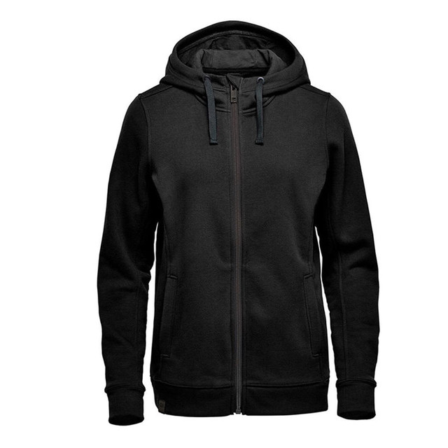 A black women's fleece hoody with a zip-up front and drawstring hood, featuring a branded logo.