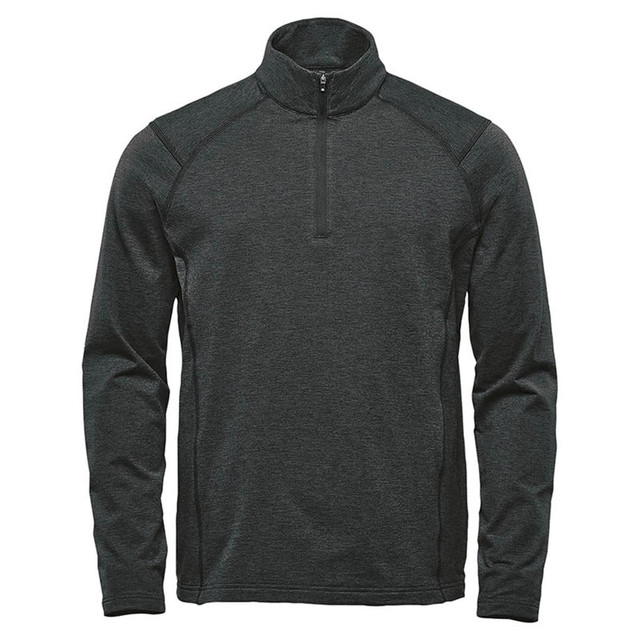 A green men's 1/4 zip pullover jumper with long sleeves and a high collar, featuring a logo on the chest.