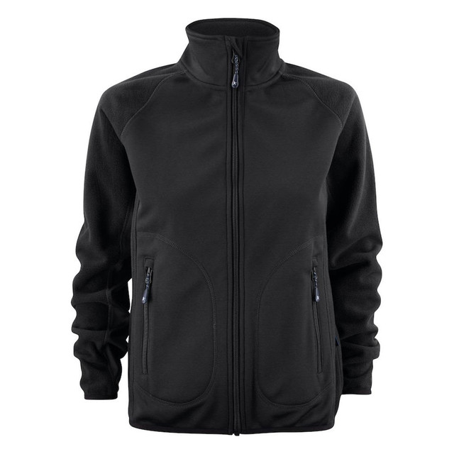 A black softshell fleece hybrid jacket with zippered pockets and a high collar. It features a logo on the front.