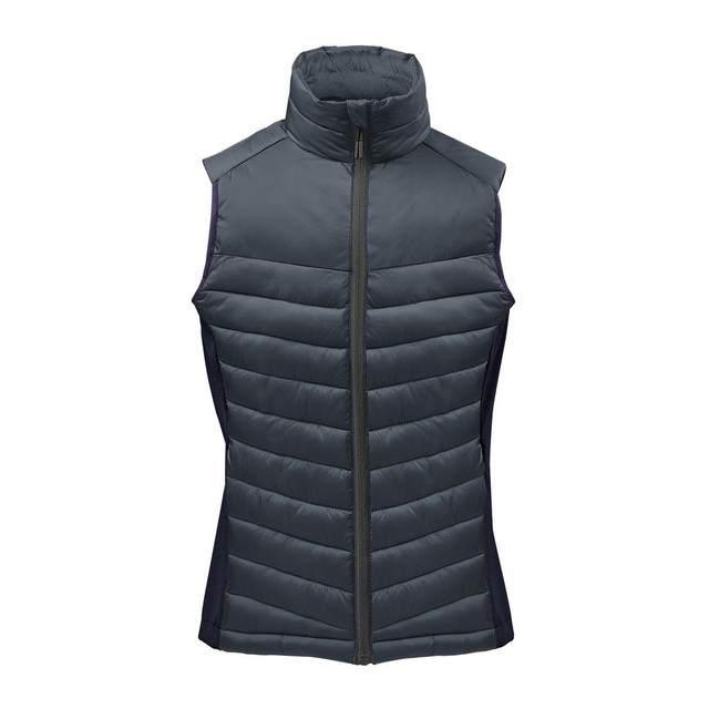 A women's thermal vest in dark green with a high collar and quilted design, featuring side panels and a front zip.