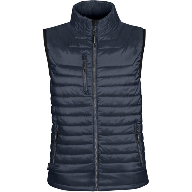 A dark blue men's thermal vest features a high collar, quilted design, and multiple zip pockets. It has a logo on the chest.