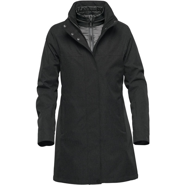 A dark grey women's jacket with a high collar and a sleek design. Features a branding logo.