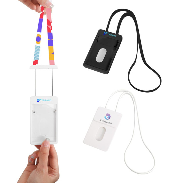 A selection of ABS retractable card holders with lanyards in black, white, and a colourful design.