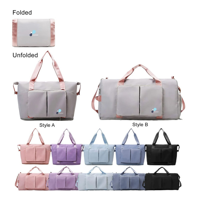 A foldable sports duffle bag in various colours, featuring handles and a logo, displayed in both folded and unfolded states.