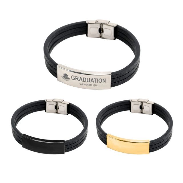 A multi-layer leather bracelet in black, featuring silver and gold metal accents, with an attached logo.