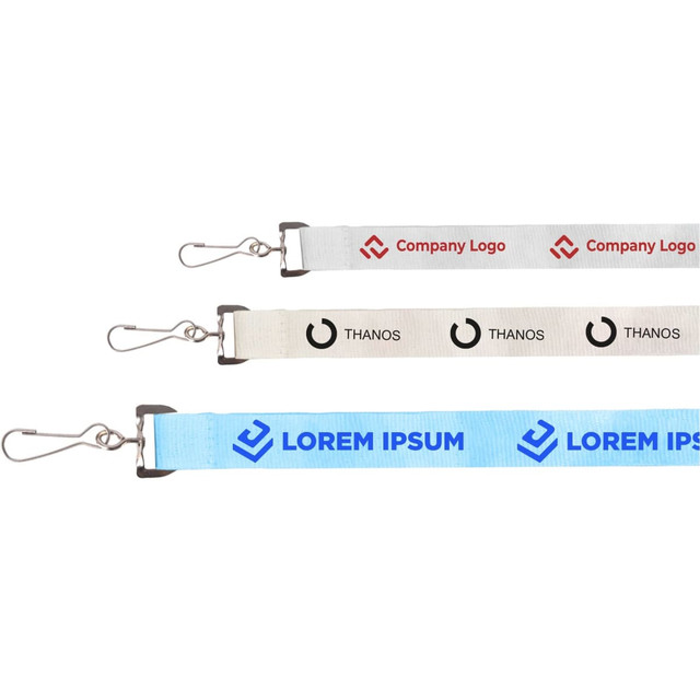A set of three lanyards in white, light blue, and red, featuring various logos and clips for attachment.