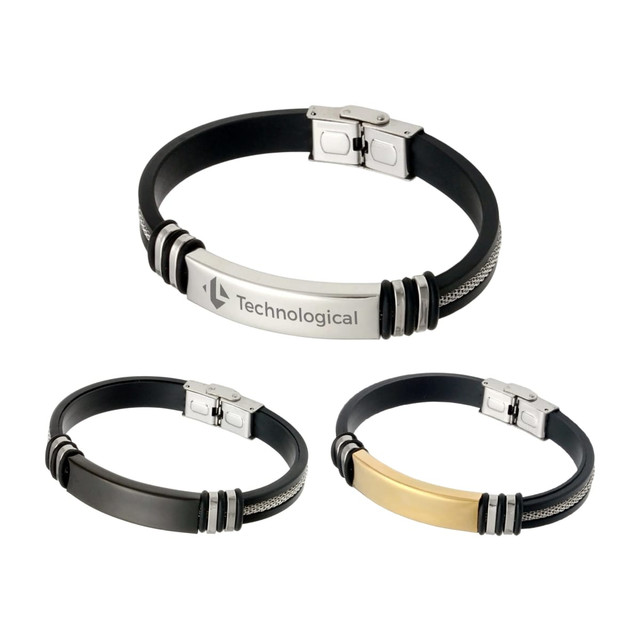 A set of three Buckle Latch Silica Silver Bracelets in silver, black, and gold, each with a logo.
